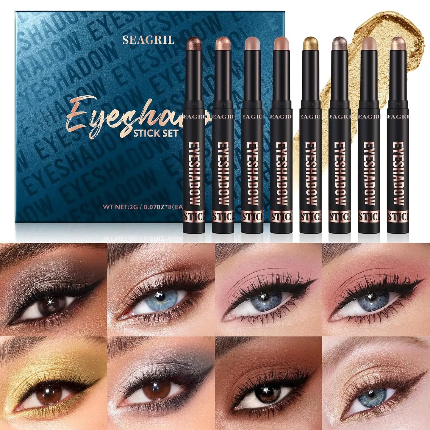 SEAGRIL  Cream Eyeshadow Stick Gift Set, 8 PCS Soft Smooth Matte Earth , Waterproof & Long-Lasting